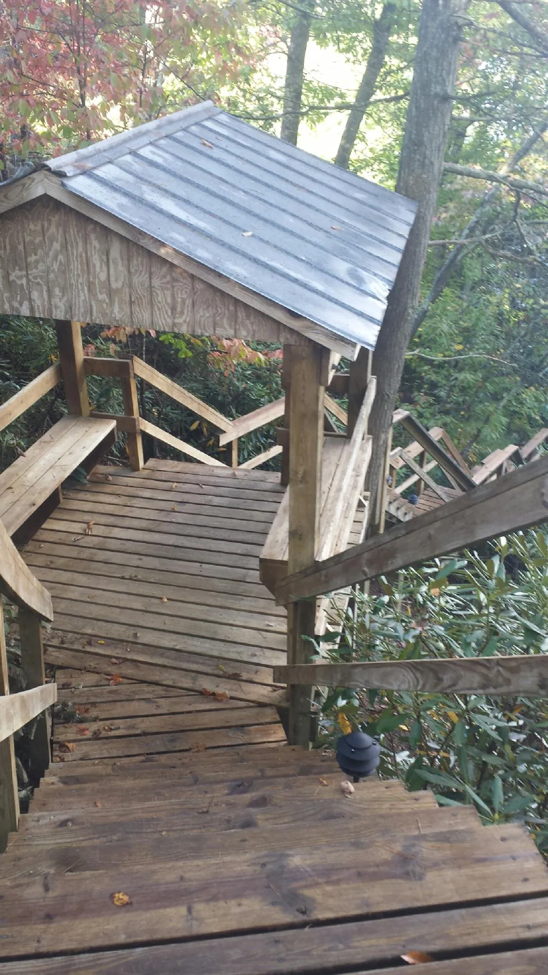 Metal roofed shelter over wooden steps on a wooded walkway — Skylight Repair & Installation work by our crew in Pedricktown